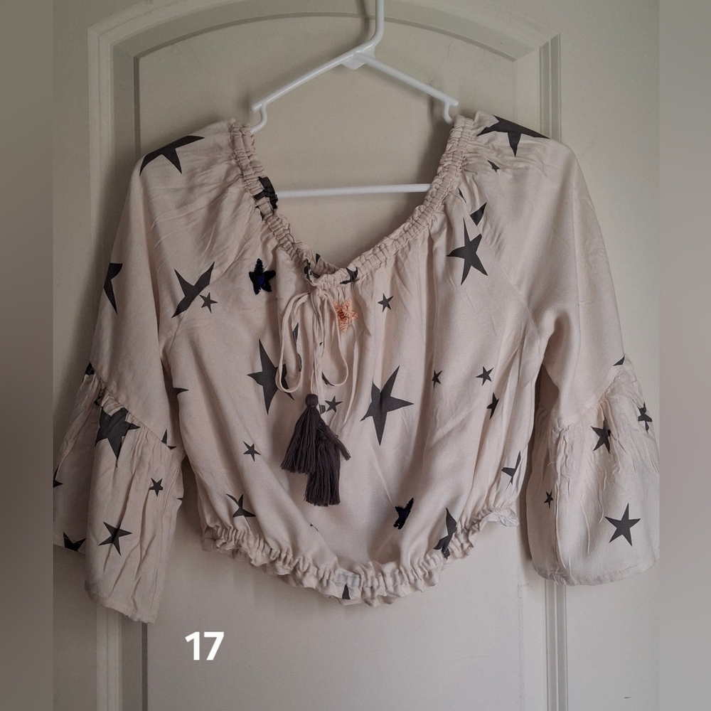 Off The Shoulder Star Print Cream Blouse Surf Gypsy Sz S NEUTRAL BOHEMBELL BEACH
